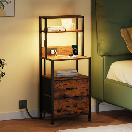 Furnulem Night Stand, Tall Nightstand with 4-Tier Shelves, 2 Fabric Drawers and Light Tube, Bed Side Tables with Charging Station, Bedside Table for Bedroom, Office, Rustic Brown Furnulem