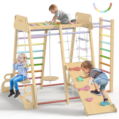 Upgraded Indoor Playground 9-in-1 Jungle Gym Kids Climbing Toys, Montessori Philosophy Waldorf Style Wooden Climber Playset with Slide, Swing, Monkey Bars, Upright/Rope Ladder, Climb Net, Rainbow