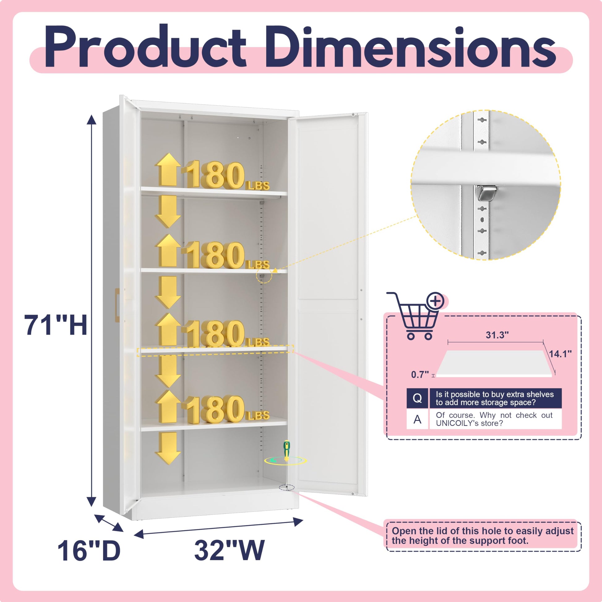 UNICOLY 71" White Storage Cabinet, Metal Pantry Cabinet, Kitchen Pantry Storage Cabinet with Doors and 4 Shelves, Cabinet for Laundry Room, Living Room, Bathroom, Dinning Room. - WoodArtSupply