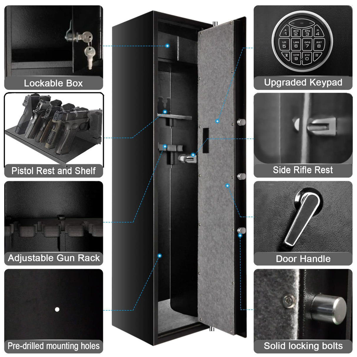Langger V Gun Safe for Rifle, Upgraded Quick Access 5-6 Gun Large Rifle Gun Security Cabinet for Rifle Shotgun Firearms with/without Optics with Pistol Lock Box, Removable Storage Shelf BLACK LANGGER V