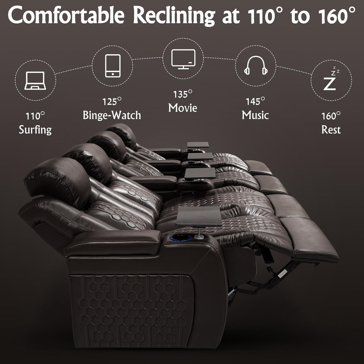 NMXUXMN Home Theater Seating,Top-Grain Leather Recliner Sofa, Zero Gravity Power Reclining Couch with Ambient LED Lights, Cup Holders & USB, Tray Table-Row of 4 Loveseat Left Coffee NMXUXMN