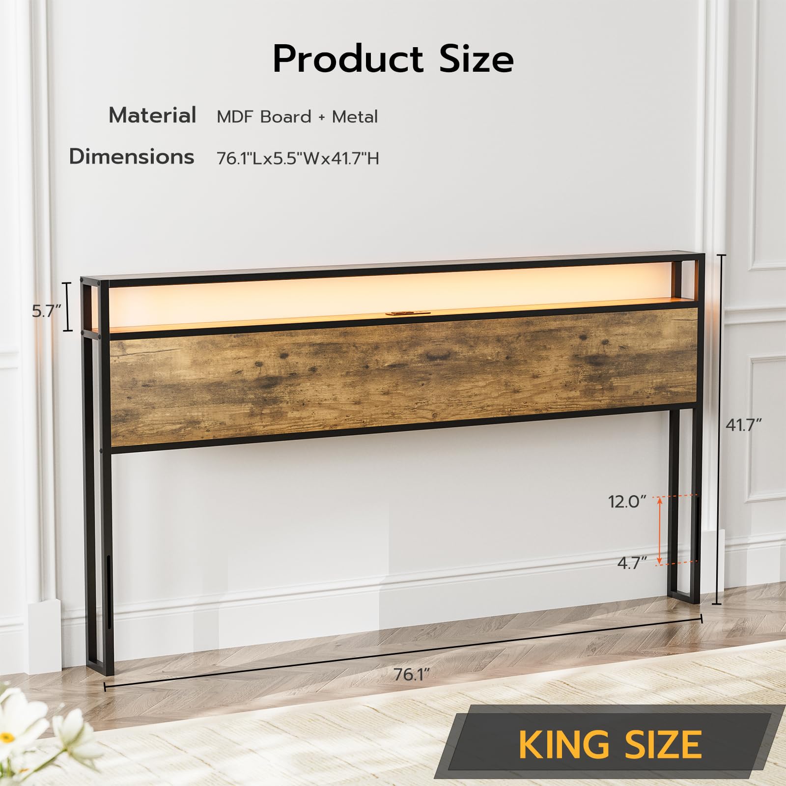 KZNGK King Size LED Headboard with Charging Station and Industrial Storage Design - WoodArtSupply