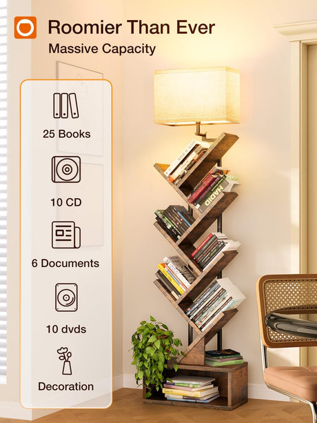 addlon 6-Tier Tree Book Shelf with LED Light, Steel&Wood Bookshelf with Storage Cabinet, Narrow Tall Bookcase with 3CCT Bulb, Small Bookshelf for Bedroom, Home Office&Living Room-Rustic Brown addlon