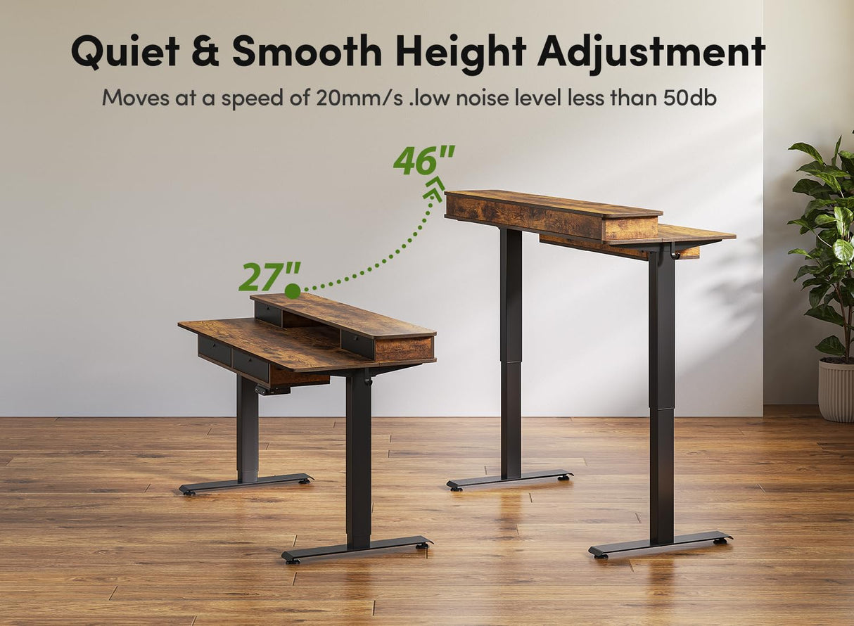 BANTI Height Adjustable Electric Standing Desk with 4 Drawers, 55 x 24 Inch Table with Storage Shelf, Sit Stand Desk, Rustic Brown Top BANTI