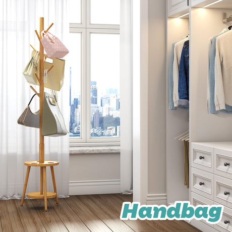 Coat Rack, Bamboo Wood Coat Freestanding with Umbrella Holder, Adjustable Height Coat Stand with 8 Hooks, kids coat rack, Used In The Bedroom Living Room, Office To Hang Clothes, Hats, Bags (Natural) Vriccc