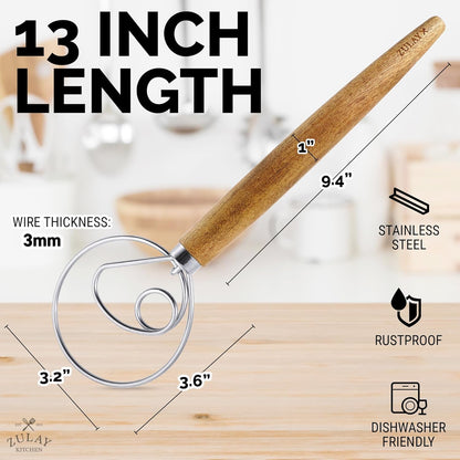 Zulay Kitchen 13 Inch Danish Dough Whisk - Large Wooden Danish Whisk For Dough With Stainless Steel Ring - Traditional Dutch Whisk Baking Tool For Bread, Batter, Cake, Pastry (Acacia Wood)