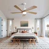 POPFAN 52 Inch Modern Ceiling Fan With Dimmable LED Light 5 Solid Wood Blades Smart Remote Control Reversible DC Motor for Bedroom, Living Room, White (White & Woodgrain) POPFAN