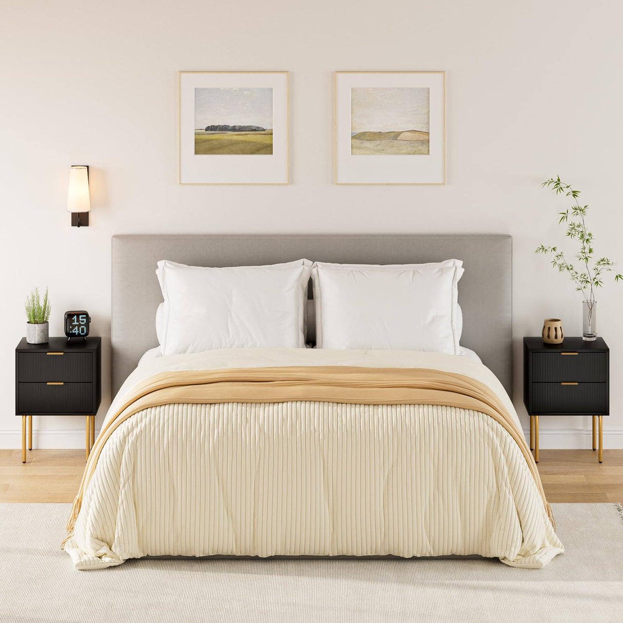 Masupu Nightstand,Mid-Century Modern Bedside Table with 2 Storage Drawer,Small Gold Frame Side End Table for Bedroom,Living Room, Black Masupu