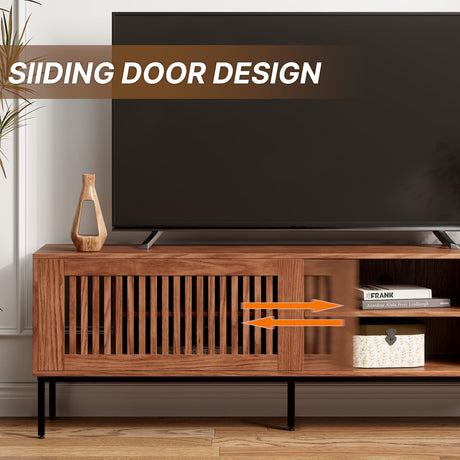 BVIUNTWO 65" Industrial Modern TV Stand, Media Cabinet, TV Console Suits TV up to 70 inch, with Cut-out Panel Sliding Door, Adjustable Storage Shelves, Sturdy Metal Legs with Leveler BVIUNTWO