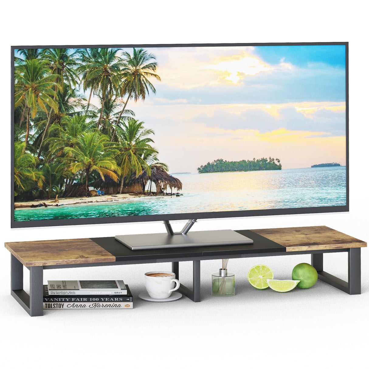 aboxoo 47" Large TV Riser for 32-60 inch TV, TV Riser Stand Shelf with Steel Legs,Tabletop TV Stand Riser for Home Office,Computer Monitor Stand Desktop Storage Stand (Rustic Brown & Black) aboxoo