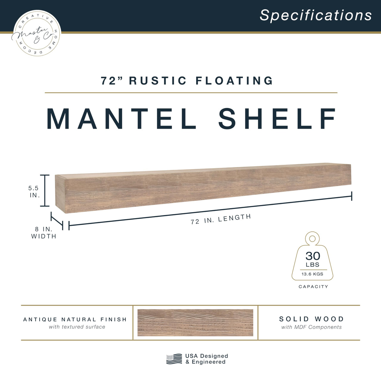 MCS 72-Inch Mantel, Master & Co Antique Natural Finsh Solid Wood Floating Fireplace Mantel, Long Floating Shelf for Livingroom with Wood Cleat Hanging System, Photo and Home Decor Display Shelf MCS