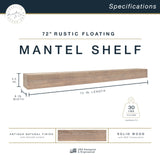 MCS 72-Inch Mantel, Master & Co Antique Natural Finsh Solid Wood Floating Fireplace Mantel, Long Floating Shelf for Livingroom with Wood Cleat Hanging System, Photo and Home Decor Display Shelf MCS