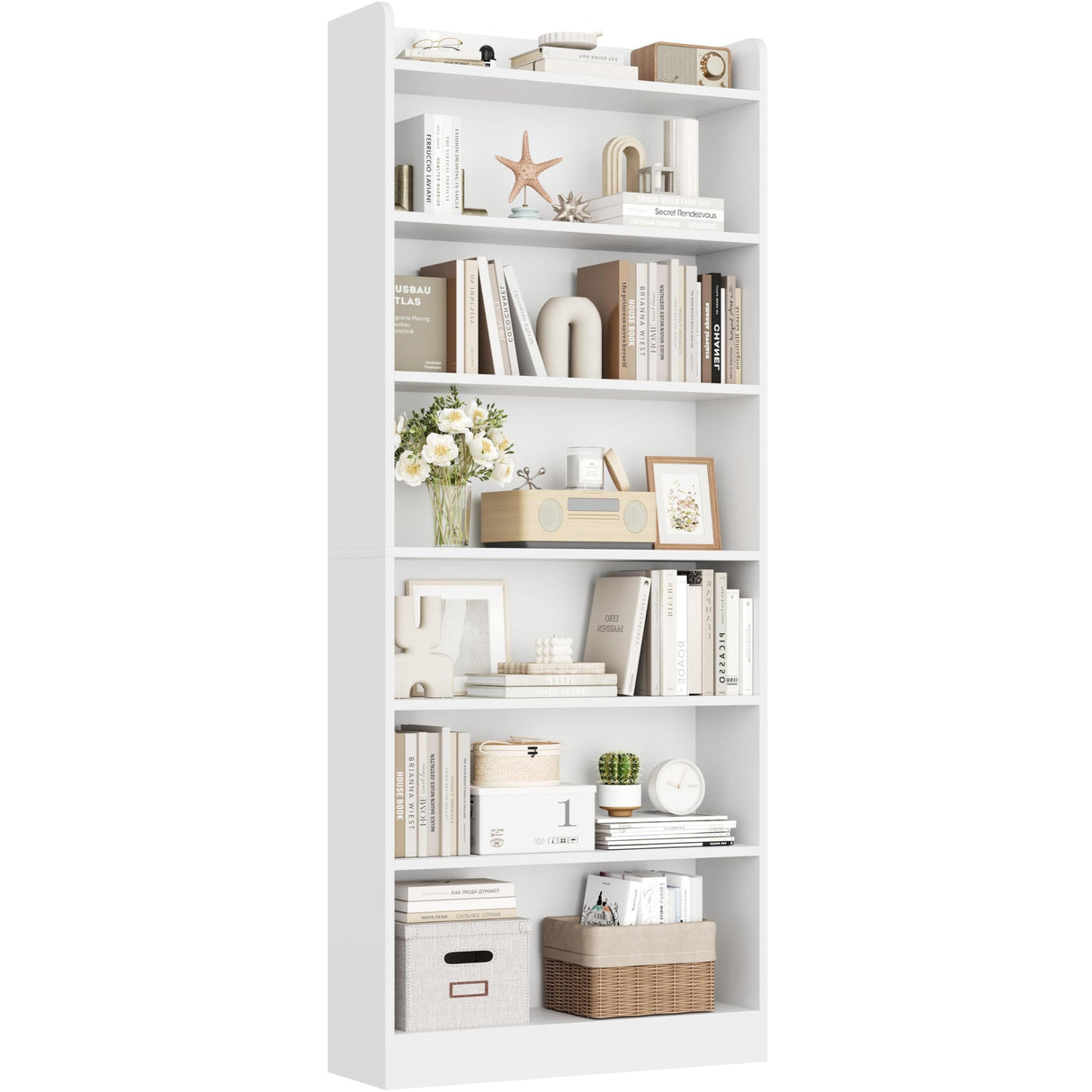 Yaheetech 7-Tier Open Bookcase and Bookshelf, Modern Simple Floor Standing Display Storage Shelves with Top Open Compartment for Home Office, Living Room, Bed Room - White Yaheetech