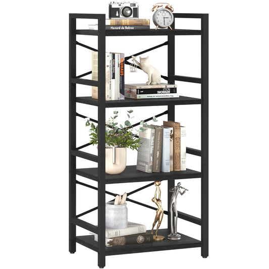 Yoobure 4 Tier Bookshelf - Small Book Shelf Industrial Bookcase, Narrow Book Case Book Storage Organizer for CD/Movie/Book, Bookshelves for Bedroom Office Living Room Black