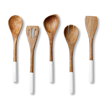 Folkulture Wooden Spoons for Cooking, Set of 5 Wooden Utensils for Cooking, Nonstick Wooden Cooking Utensils, Wooden Cooking Utensils, 12" Kitchen Utensil Sets with Wooden Spoon Sets & Spatula - White