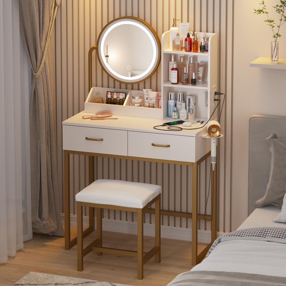 Makeup Vanity with Round Mirror and Lights, White Vanity Makeup Table with Charging Station, Small Vanity Table for Bedroom, 3 Lighting Modes, 31.5in(L) Vabches