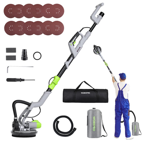 WORKPRO Drywall Sander, 720W Electric Sander with 12Pcs Sanding Discs, 7 Variable Speed 1100-1850 RPM Wall Sander with Extendable Handle, LED Light, Floor and Popcorn Ceiling Removal Tool WORKPRO