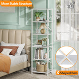 Furologee White Tall Bookshelf, Narrow Bookcase with 6 Shelves, Modern Freestanding Shelf Units, Metal and Wood Display Storage Corner Rack Organizer for Living Room, Home Office, Hallway, Bathroom Furologee