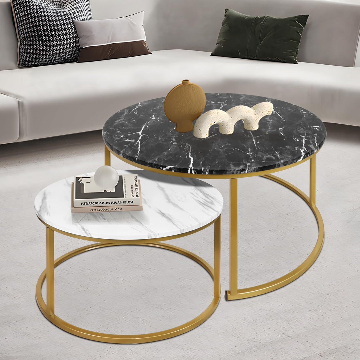 Magshion Nesting Coffee Table Set of 2, Coffee Table Round with Sturdy Metal Frame Marble Style End Table Side Tables Accent Tables for Living Room Office Small Spaces, Black & White Magshion