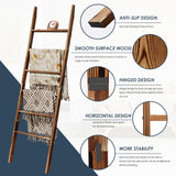 6-Tier Blanket Ladder Wooden, 5.7FT(66.5'') Blanket Quilt Towel Holder Rack Decorative Ladder, Easy Assembly, Rustic Farmhouse Ladder Shelf for The Living Room Bedroom Bathroom Home Decor, Brown Delywh