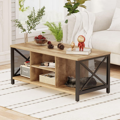 FATORRI Coffee Table for Living Room, Rustic Wood Center Table with Shelves, Farmhouse Rectangle Cocktail Tea Tables (Rustic Oak) - WoodArtSupply