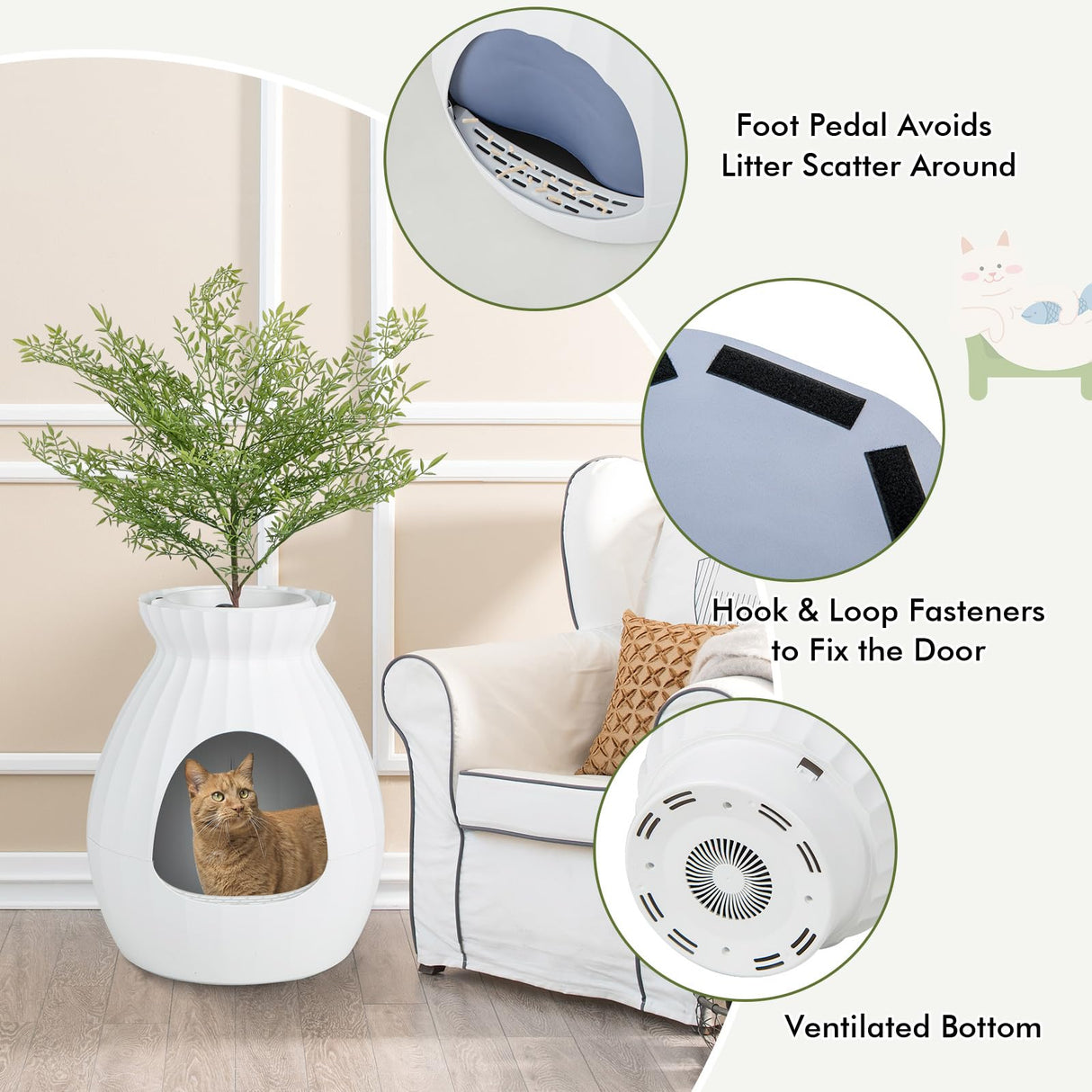 PETSITE White Plant Litter Box, Cat Hidden Litter Box Enclosure with Artificial Plant, Advanced Odor Removal System, Detachable Door Curtain, Cat Litter Scoop, Large Planter Litter Box PETSITE