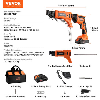 VEVOR Drywall Screw Gun Auto-Feed, 20V Max Collated Drywall Screwgun, 4200RPM Brushless Cordless Drywall Gun Kit with 2 Battery Packs, Belt Clip, Charger, Tool Bag, Screw Length and Depth Adj - WoodArtSupply