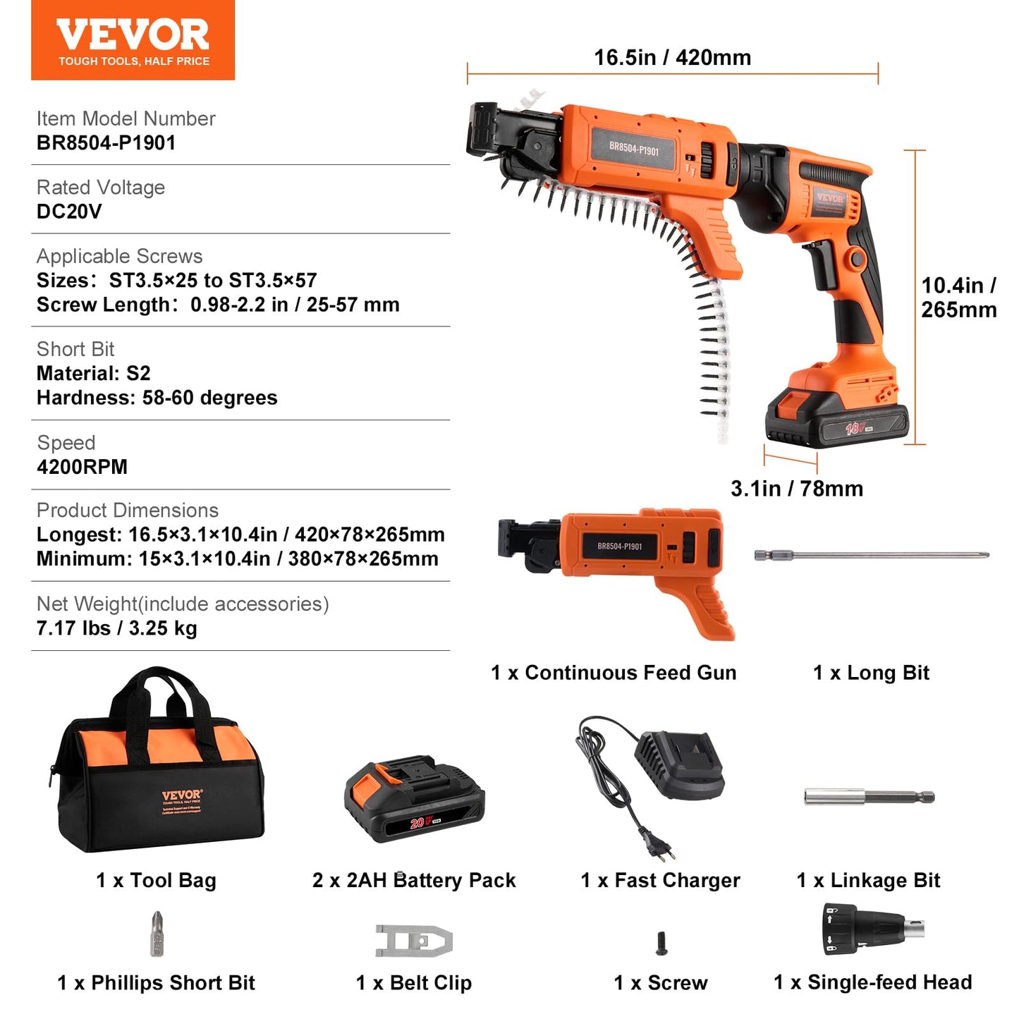 VEVOR Drywall Screw Gun Auto-Feed, 20V Max Collated Drywall Screwgun, 4200RPM Brushless Cordless Drywall Gun Kit with 2 Battery Packs, Charger, Belt Clip, Tool Bag, Screw Length and Depth Adj - WoodArtSupply