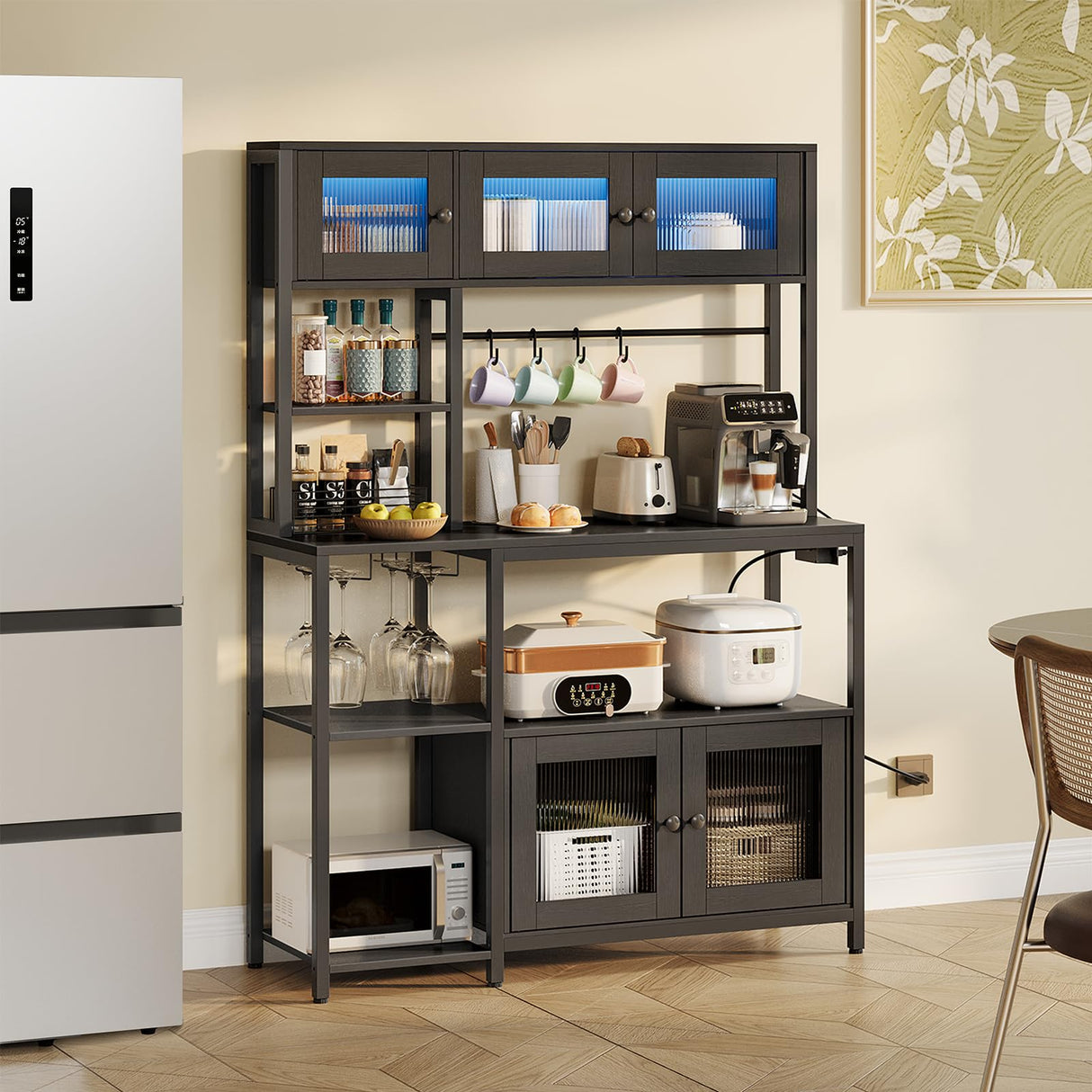 HOOBRO Bakers Rack with Power Outlet and LED Light, 45.3 Inch Microwave Stand with Shelves, Coffee Bar Cabinet with Wine Rack & 4-S Hooks, Kitchen Utility Storage Shelf with Cabinet, Black BB16UDHB01 HOOBRO