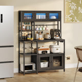 HOOBRO Bakers Rack with Power Outlet and LED Light, 45.3 Inch Microwave Stand with Shelves, Coffee Bar Cabinet with Wine Rack & 4-S Hooks, Kitchen Utility Storage Shelf with Cabinet, Black BB16UDHB01 HOOBRO