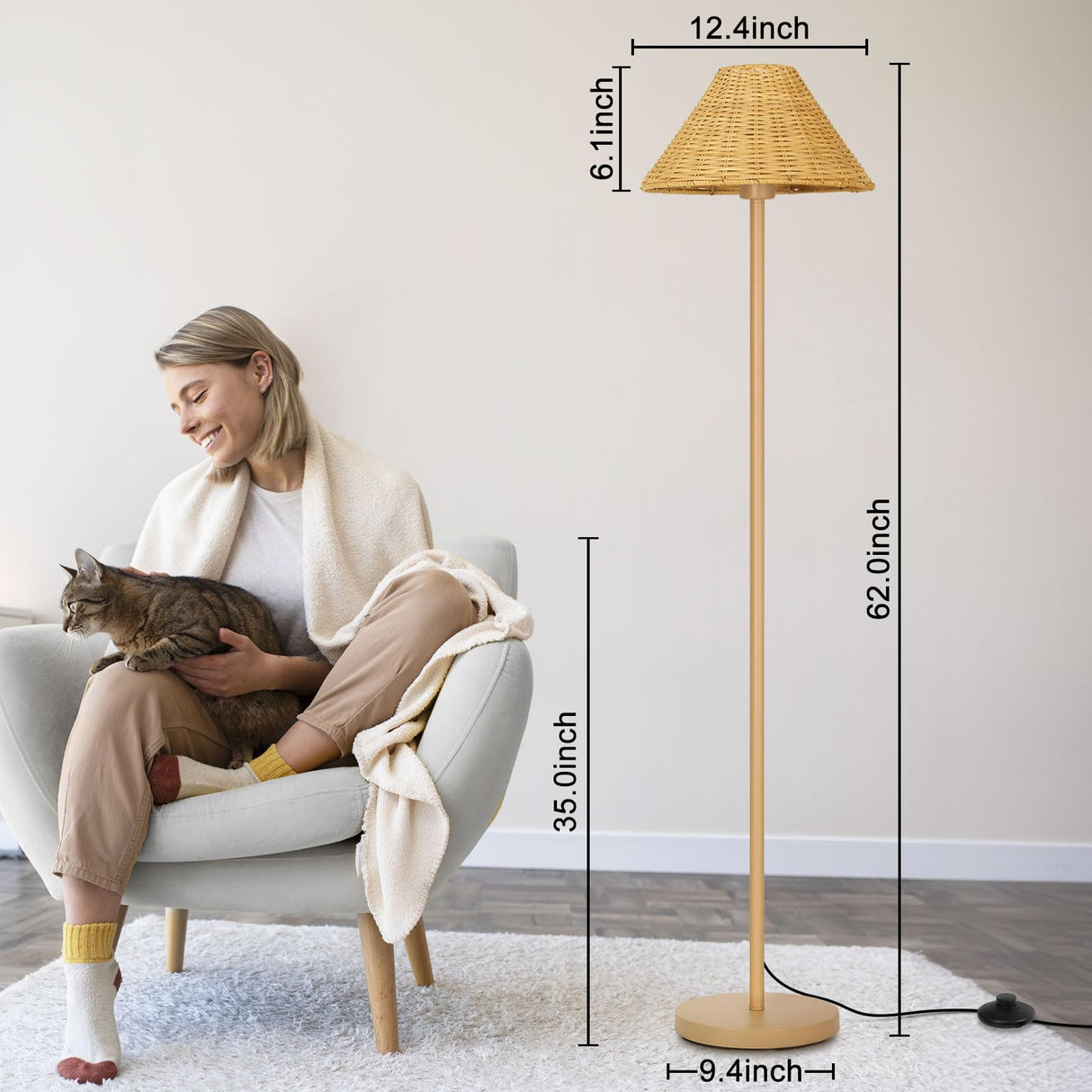 Boho Floor Lamps for Living Room, Rattan Floor Lamp with Woven Wicker Lampshade, 62 inches Mid Century Modern Standing Light, Farmhouse Rustic Coastal Lamp for Bedroom Office Corner, Easy Foot Switch Boncoo