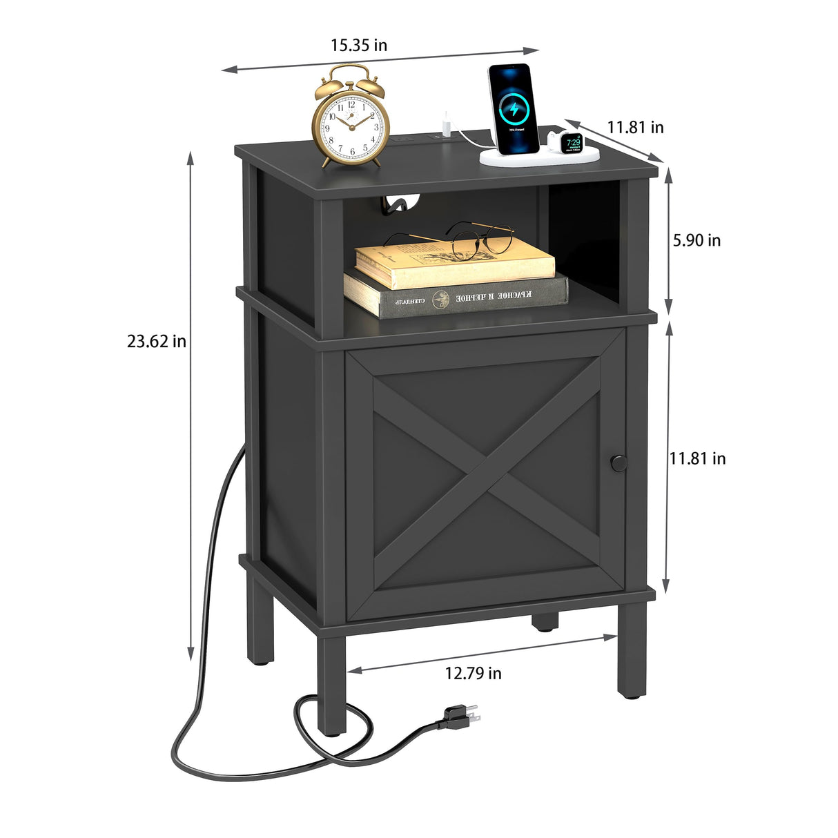 CIILAAILE Nightstand with Charging Station, Farmhouse Nightstand, end Table with 2 Tiers Storage Space and Storage Cabinet, Sofa Side Tables for Bedroom, Living Room BZ0601BKE CIILAAILE