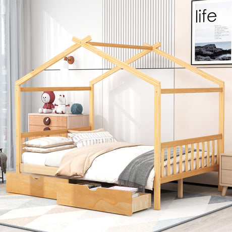 Bellemave Full House Bed with Storage Drawers - Natural Montessori Wood Frame for Kids Bellemave