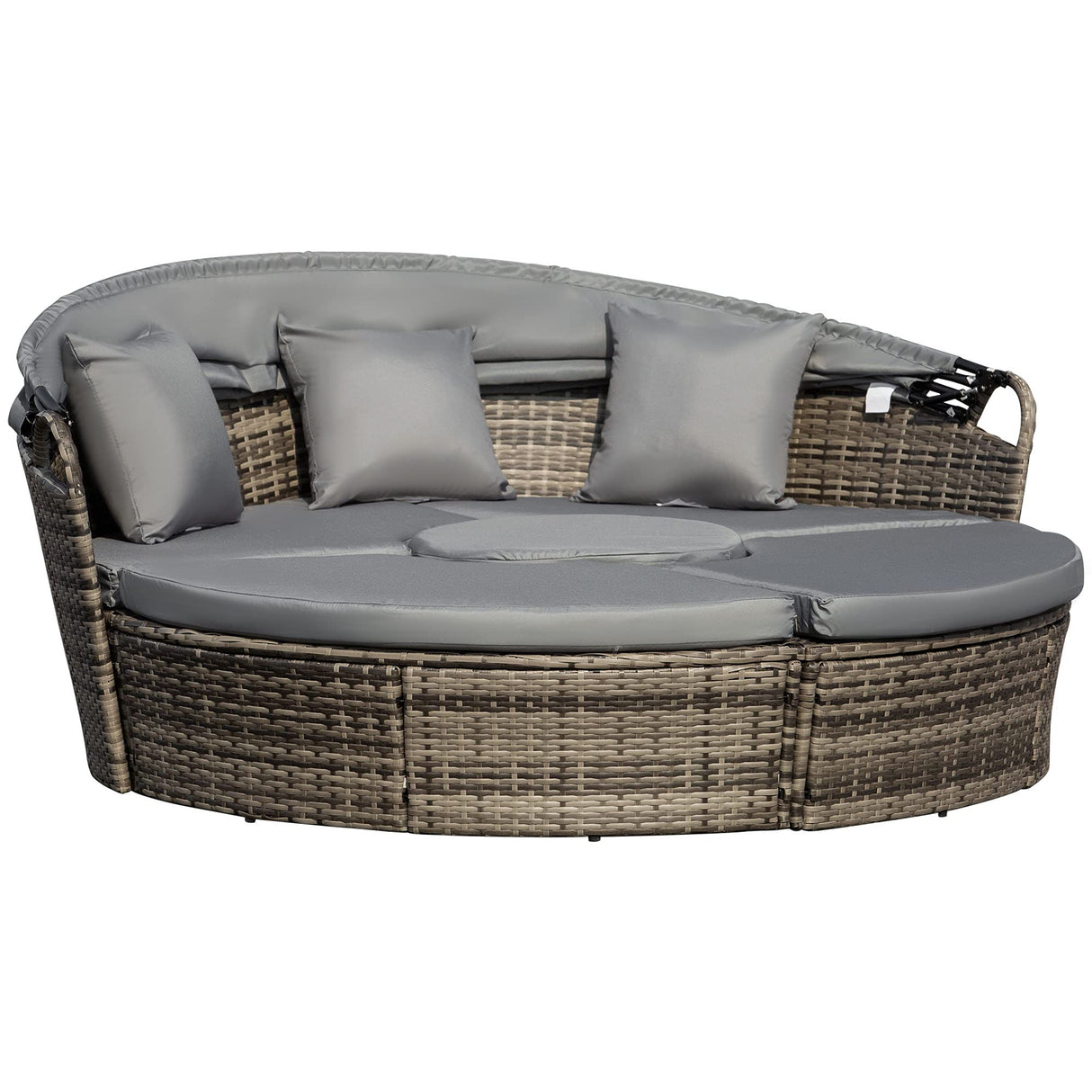 Outsunny 4-Piece Round Convertible Daybed with Cushions, Outdoor PE Rattan Patio Wicker Sofa Set, Sunbed with Adjustable Sun Canopy, Sectional Sofa, 2 Chairs, Table, 3 Pillows, Gray Outsunny