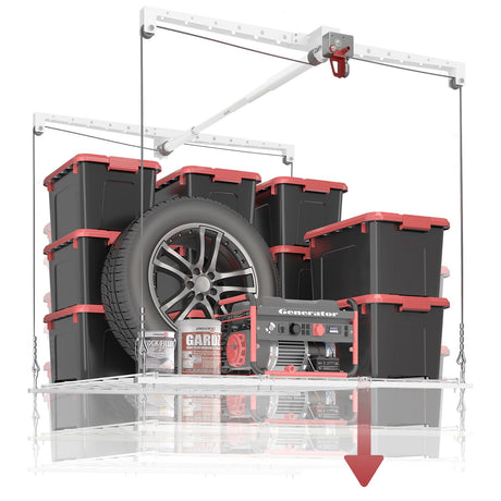 KOKORACKER Overhead Garage Storage Rack, Adjustable Heavy-duty 4x4 Ft Ceiling Storage Racks with Safety Lock, Ideal for Garage Storage Lifting Organization System, 250lbs Capacity, White KOKORACKER