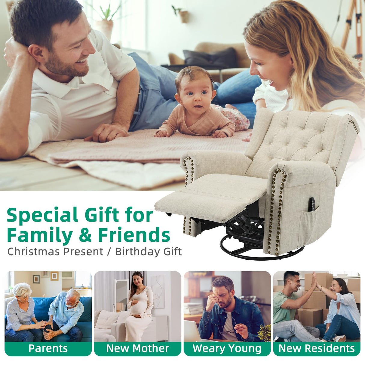 VIVIJASON Power Swivel Rocking Recliner Chair with Massage & Heat, Electric Rocker Nursery Glider Chair, Wingback Tufted Upholstered Recliner W/Type-C & USB Ports for Living Room, Bedroom, Beige VIVIJASON