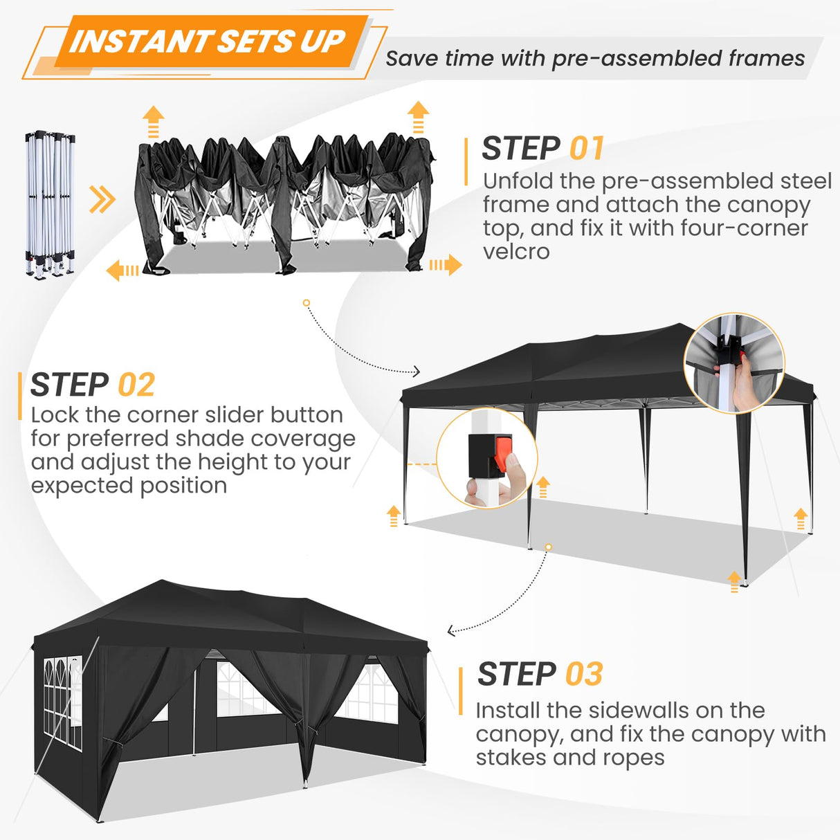 COBIZI Canopy 10x20 Pop Up Canopy Tent with 6 Sidewalls, Waterproof Outdoor Event Shelter Gazebo Sun Shade Portable 10x20 Tents for Parties Beach Camping Commercial Instant Canopy (Black, 10'x20') COBIZI