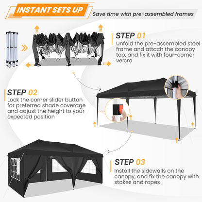 COBIZI Canopy 10x20 Pop Up Canopy Tent with 6 Sidewalls, Waterproof Outdoor Event Shelter Gazebo Sun Shade Portable 10x20 Tents for Parties Beach Camping Commercial Instant Canopy (Black, 10'x20')