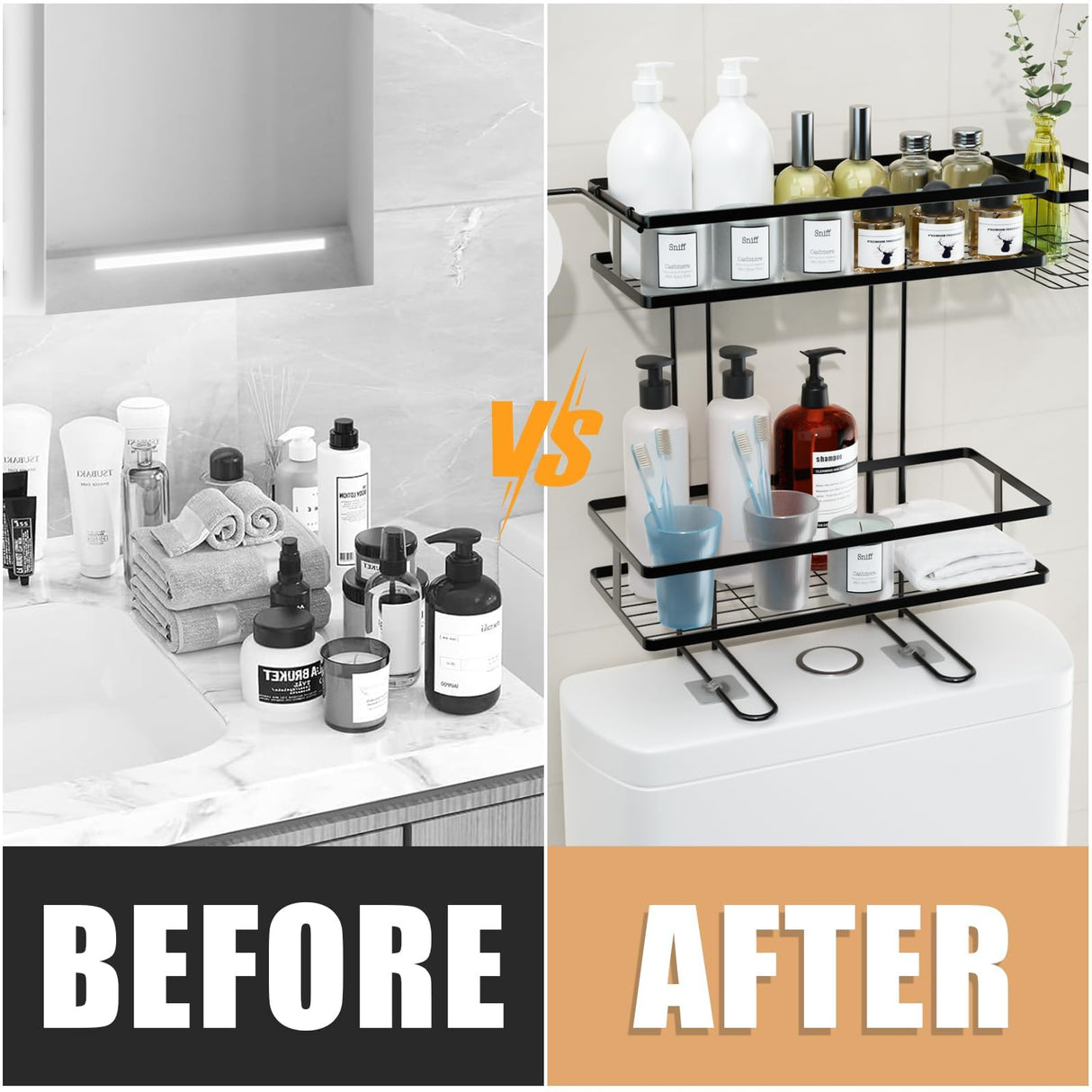 IIQ Over The Toilet Storage,2-Tier Bathroom Organizer Over Toilet with Removable Basket Paper Holder, Above Toilet Storage with Non-Trace Adhesive, No Drilling Toilet Organizer IIQ