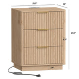 Rovaurx 21.7" Wide Fluted Nightstand with Charging Station, Mid Century Bedside Table with 3 Drawers, Oversized End Table for Bedroom, Curved Profile Design, Natural RCTG115ME Rovaurx