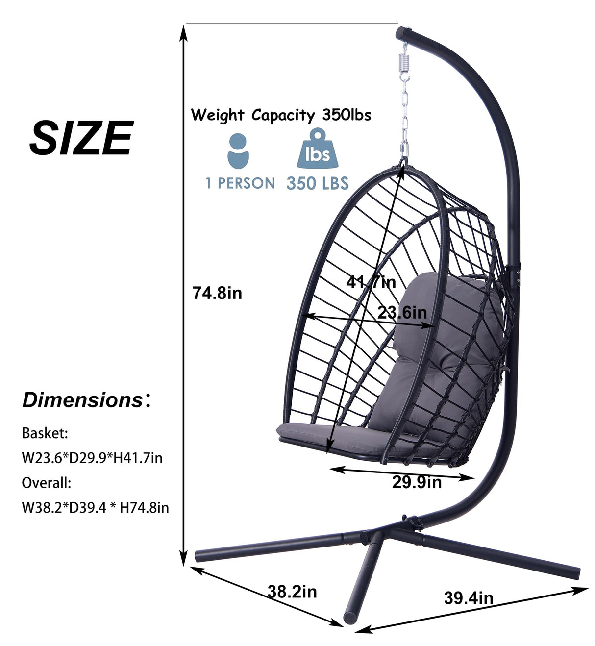 Topfuca Indoor/Outdoor Egg Hanging Chair with Stand - Patio Wicker Swing Hammock Chair. 350lbs Capacity, Cushioned. Ideal for Bedroom, Balcony, Porch, Garden. Versatile Swing Chair for All Spaces Topfuca