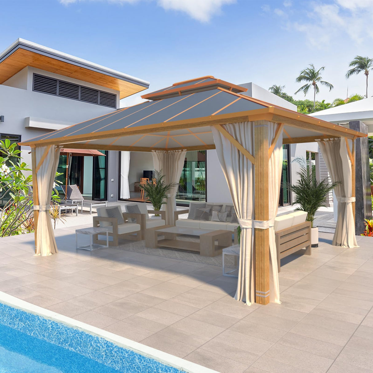 MELLCOM 12x14FT Hardtop Gazebo,Wooden Finish Coated Aluminum Patio Gazebo with Aluminum Composite Double Roof for Patio Lawn and Garden, Curtains and Netting Included MELLCOM