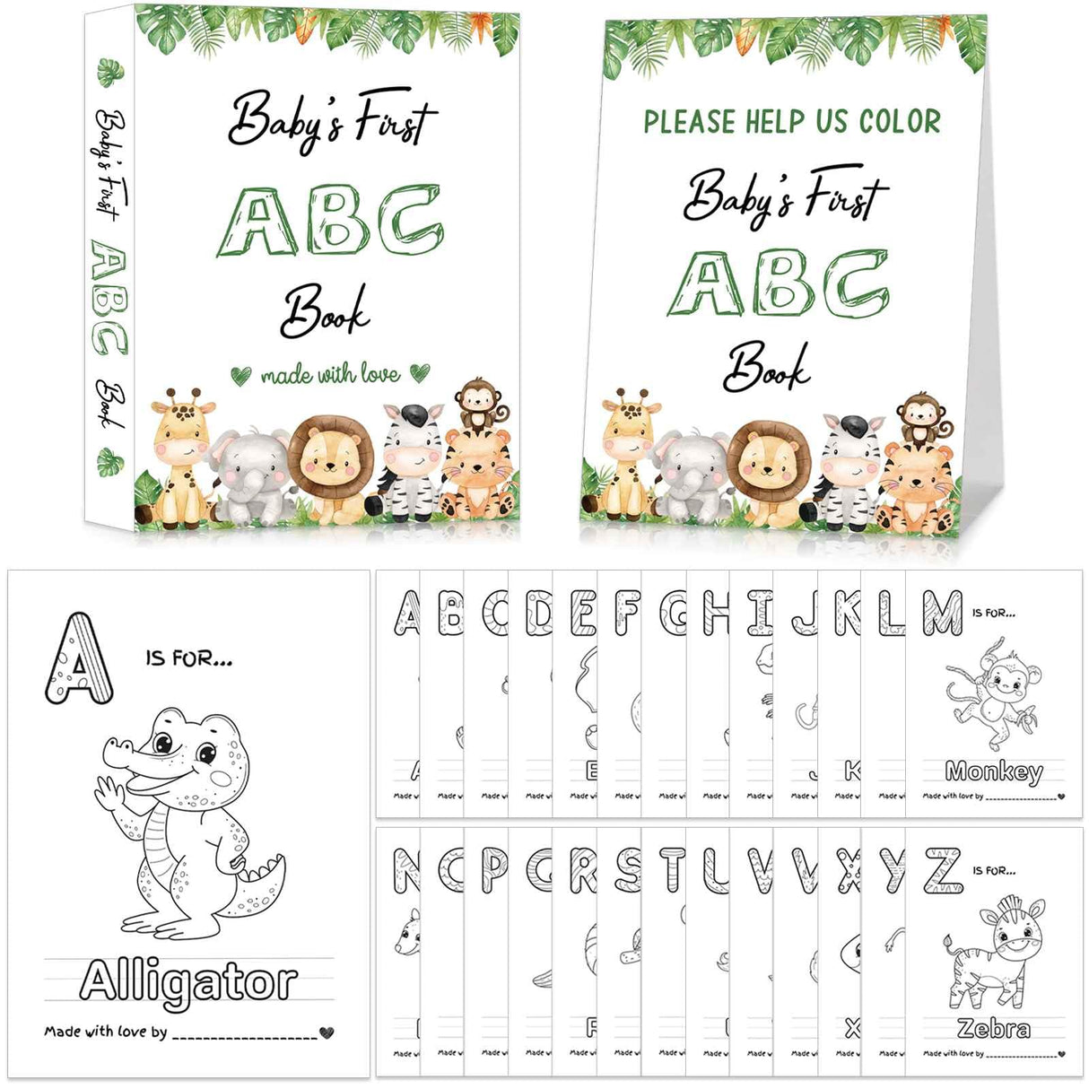 Baby's First ABC Book Baby Shower Activity Keepsake Game, Safari Jungle ABC Coloring Baby Shower Guest Book, Baby's First Alphabet Coloring Book, Alphabet A to Z Coloring Pages hongpar