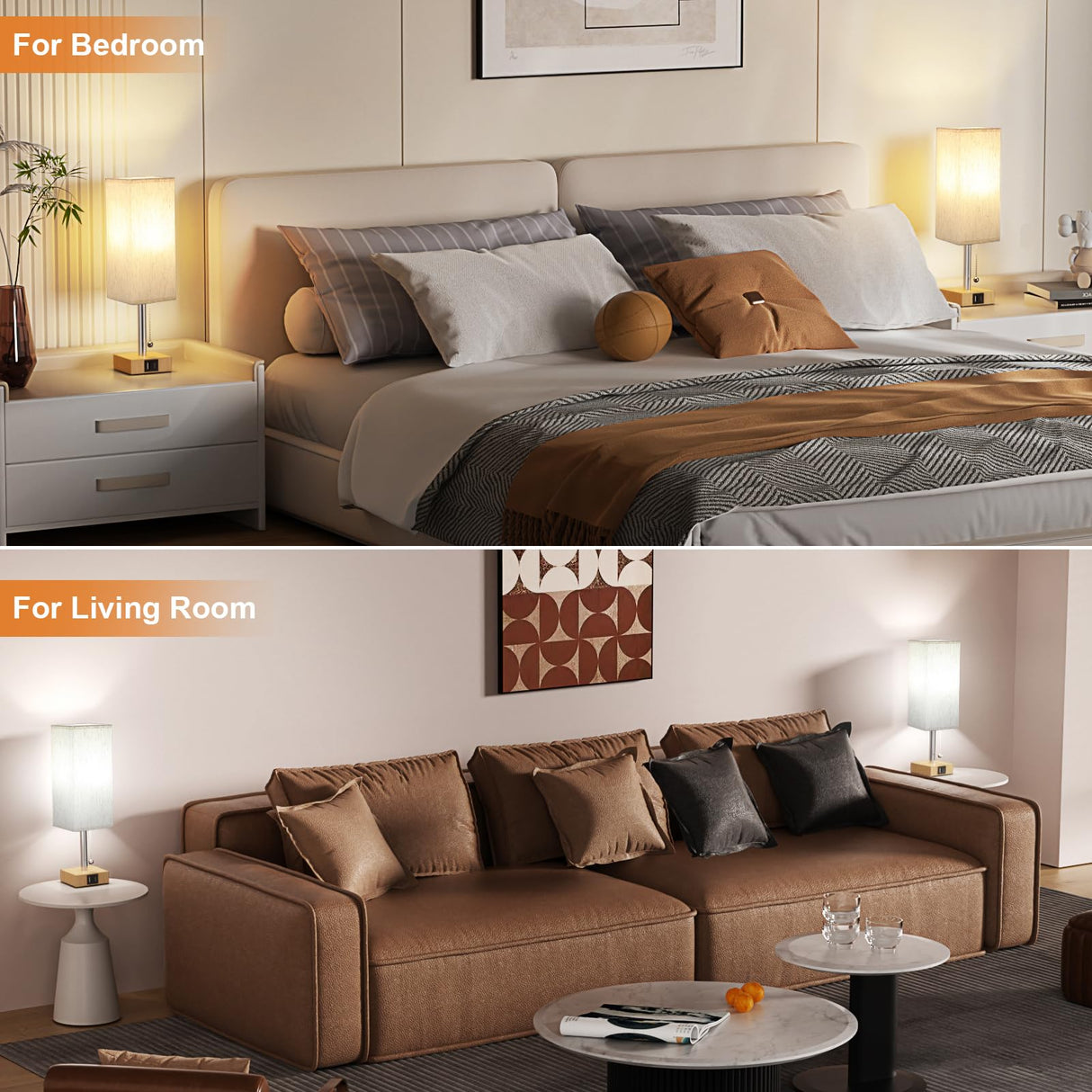 Wood Grain Bedside Table Lamps Set of 2 - Bedroom Lamps with 3 Color Temperatures (3000K/5000K/4000K), Two Square Nightstand Lamps with USB C + A Charging Ports, Pull Chain Small Night Light aooshine