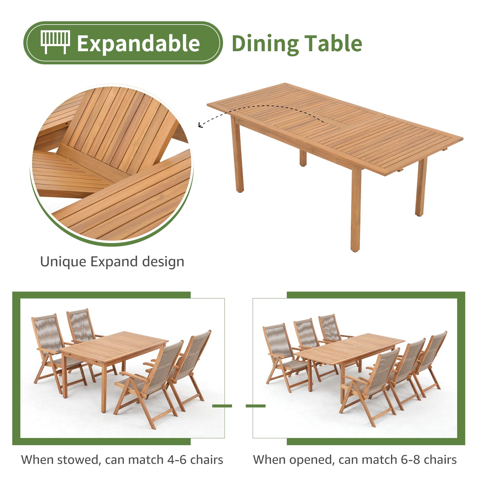 OC Orange-Casual 7 Pieces Patio Dining Set Outdoor Furniture with 6 Foldable Acacia Wooden and Rope Chairs and Large Table for Outdoor,Yard, Garden, Porch，Beige - WoodArtSupply