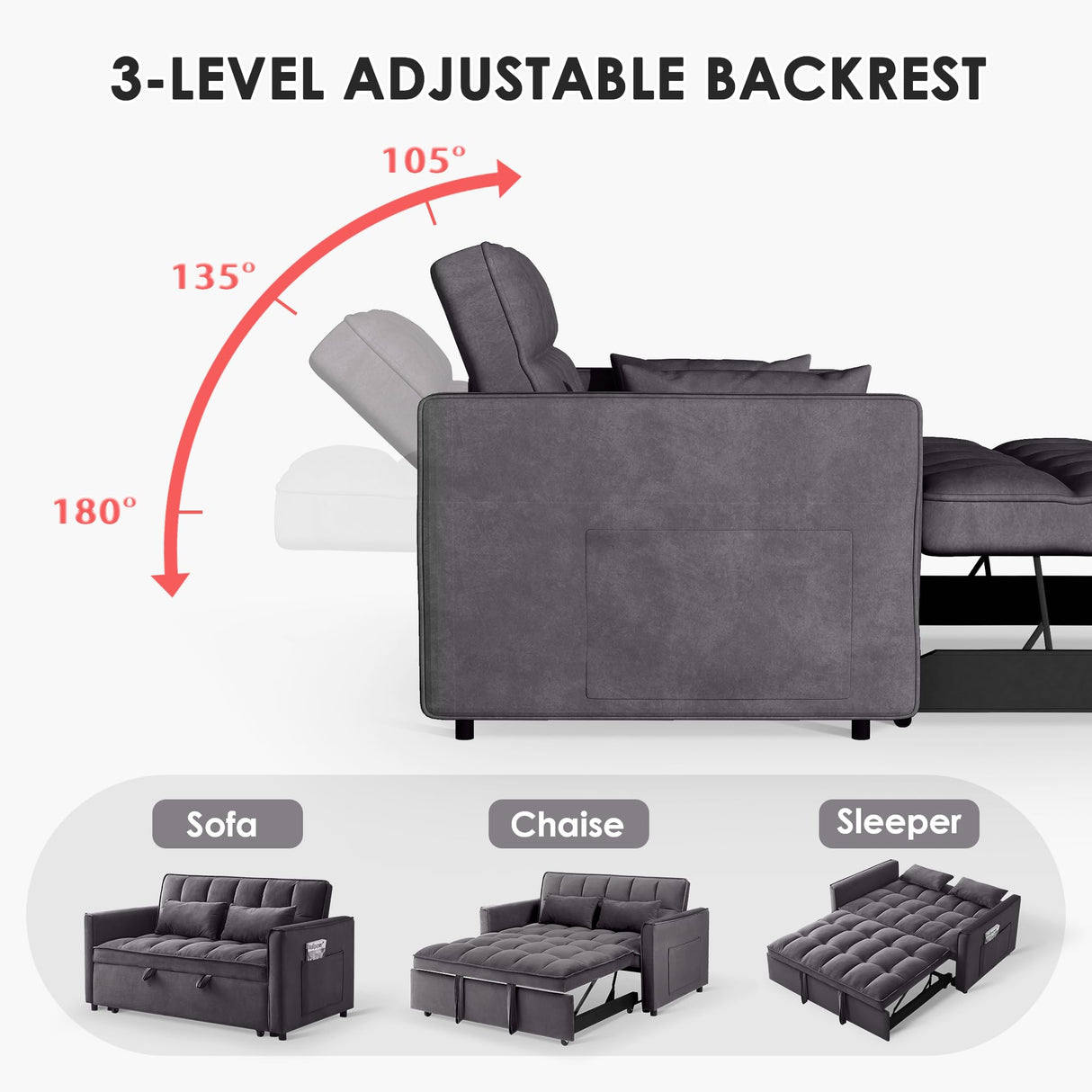 tiramisubest Sleeper Sofa Bed,55'' Convertible Pull Out Couch With Side Pockets,Velvet Fabric Loveseat Sleeper Sofa with Adjustable Backrest for Living Room,Bedroom,Apartment and Small Space, DarkGrey tiramisubest
