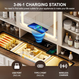 MDGC 60" W Farmhouse Makeup Vanity Desk with Sliding Mirror and Lights, Charging Glass Top Large Vanity Table with Jewelry Storage,Vanity Set with 6 Drawers,10 Shelves,Side Storage Cabinet,White MDGC