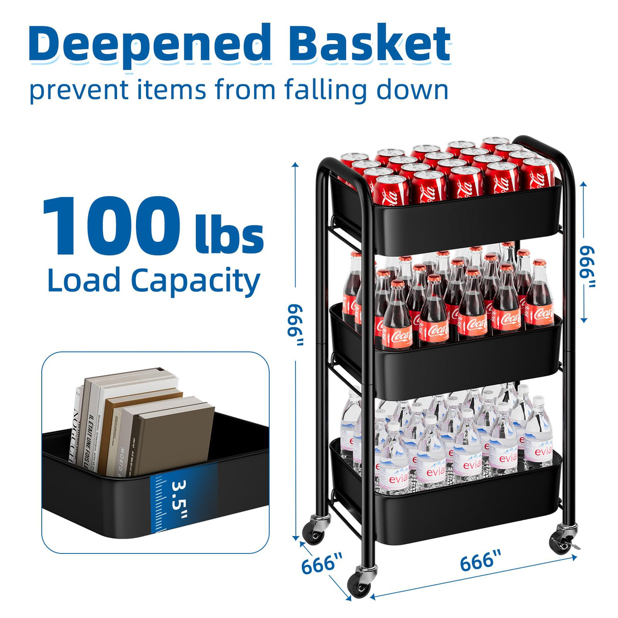 MWQ Heavy Duty Rolling Cart, Mesh Utility Storage Cart with Lockable Wheels for Kitchen, Bathroom, Office, 3-Tier Metal, Black MWQ