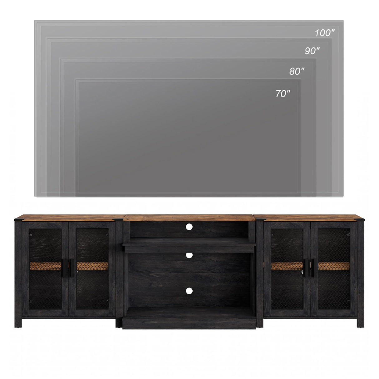 WAMPAT 2 in 1 TV Stand Set for 100 inch TV, Farmhouse Entertainment Center with 4 Mesh Door and Open Storage Shelves, Wood Media TV Console Table for Dining and Bedroom，Dark Walnut and Black WAMPAT