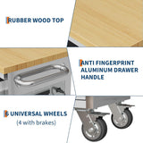 Rolling Tool Chest with Power Strip & Rubber Wood Top - 96 Inch Garage Workbench, Drawer Storage Cabinet Tool Box, Mobile Workstation SLEKVERSA